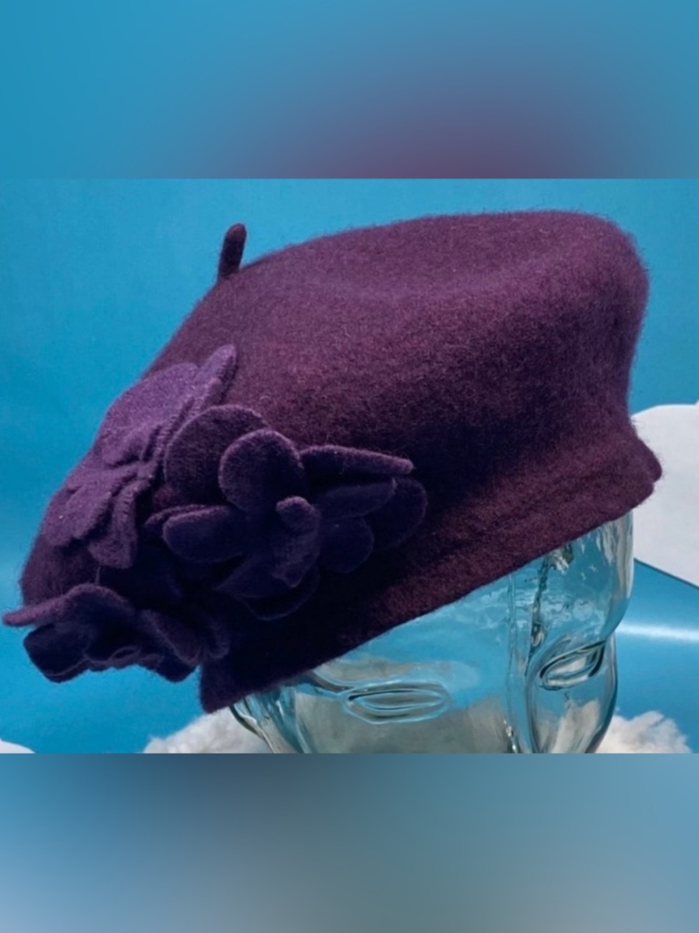 Wool Flower Accent Beret - Purple